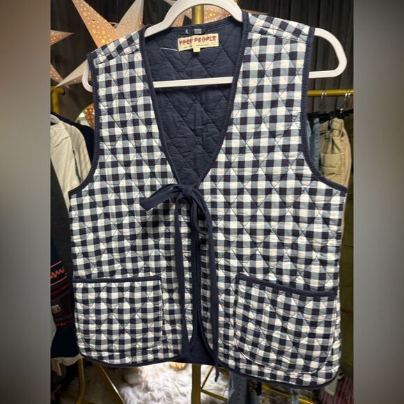 Free People Claudine Gingham Check Print Vest in Navy Combo NWOT - Picture 4 of 7